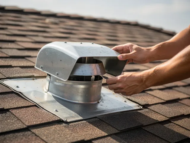 New Canaan Dryer Vent Cleaning certified technician safely cleaning a roof-mounted dryer vent in New Canaan