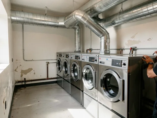 New Canaan Dryer Vent Cleaning team performing large-scale commercial dryer vent cleaning in New Canaan