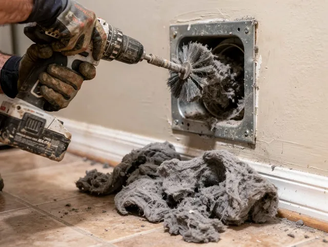 Certified New Canaan Dryer Vent Cleaning technician performing dryer vent cleaning in New Canaan