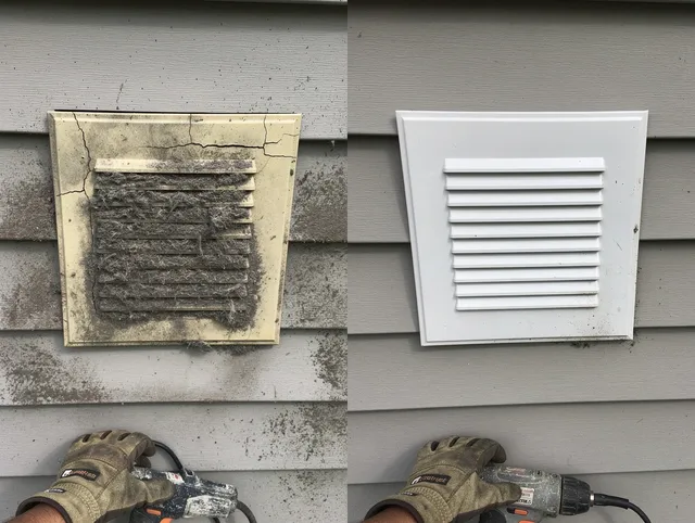 New Canaan Dryer Vent Cleaning technician installing high-quality dryer vent cover at a residential property in New Canaan